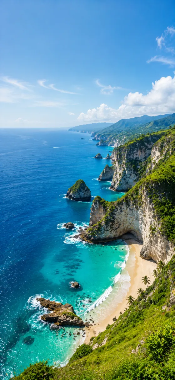Elevated coastal view with turquoise ocean, white sea cliffs, hidden sandy cove, foamy waves, green vegetation, and distant mountains.