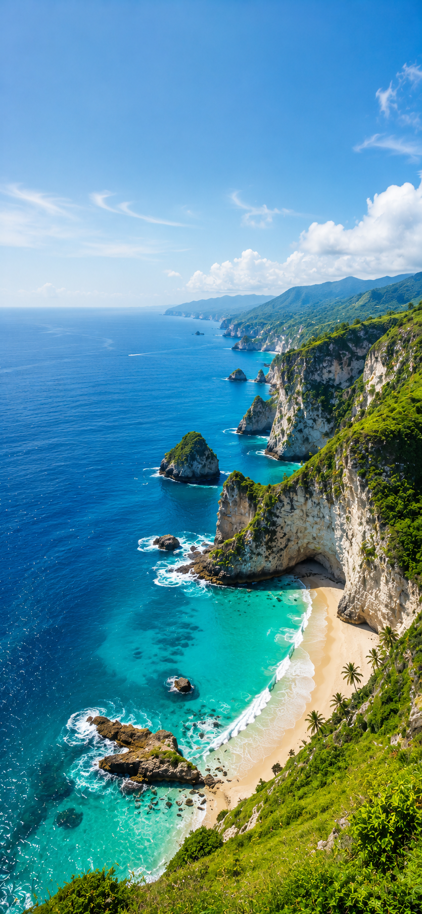 Elevated coastal view with turquoise ocean, white sea cliffs, hidden sandy cove, foamy waves, green vegetation, and distant mountains.
