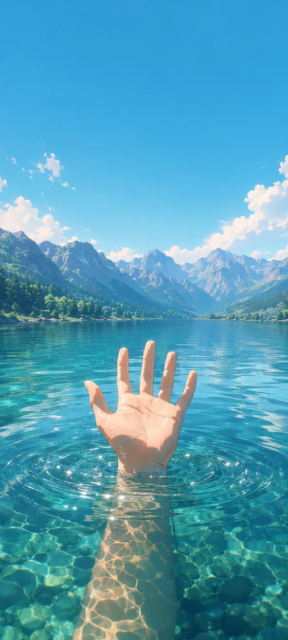 Anime-inspired hand emerging from turquoise lake water with ripples, mountains, green shoreline, clouds, and bright blue sky.
