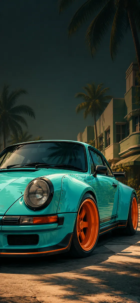Stylized turquoise rally-style sports car with orange wheels in a tropical urban street wallpaper.