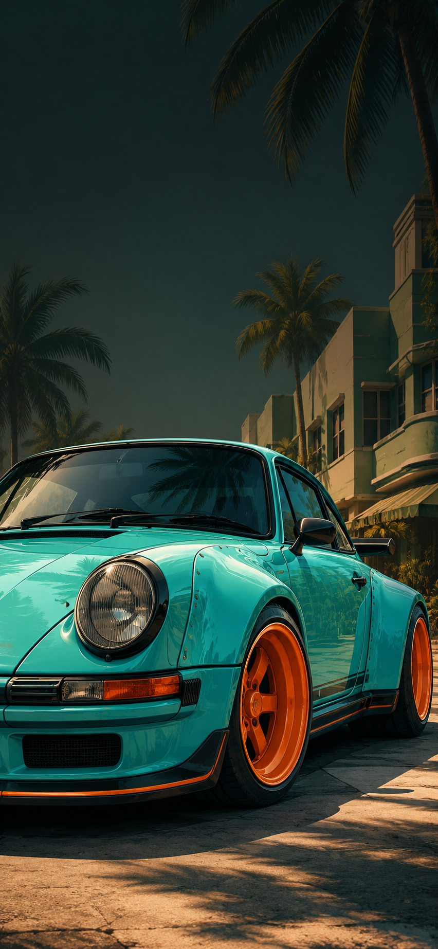 Stylized turquoise rally-style sports car with orange wheels in a tropical urban street wallpaper.