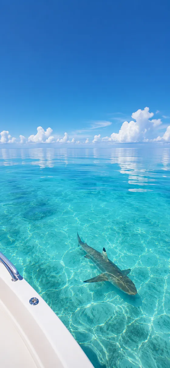 A shark swims under clear turquoise water beside a white boat beneath a bright blue sky with soft clouds.