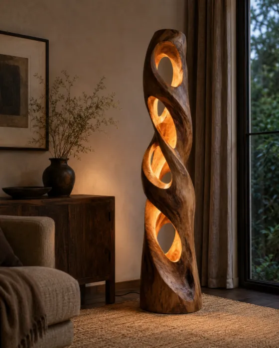 Organic carved wooden floor lamp with amber internal glow in a calm window-side living room scene.