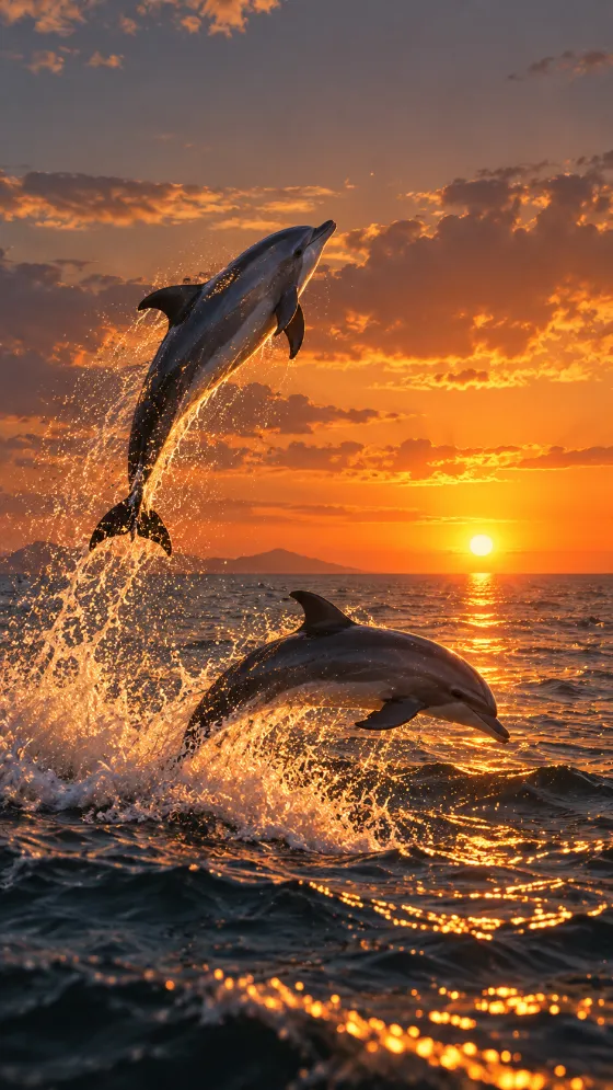 Two dolphins leap from an ocean beneath a glowing orange sunset, surrounded by sparkling water spray and reflected light.