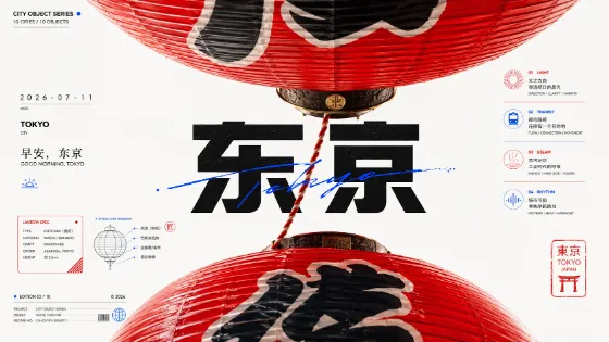 Horizontal with cropped macro object forms, Chinese headline typography, date, greeting text, and small information details.