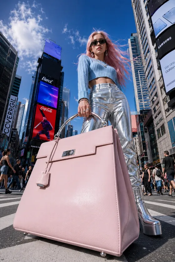 Ultra-low-angle fashion editorial with oversized pastel pink handbag and chrome platform boots in a city intersection with digital billboards.