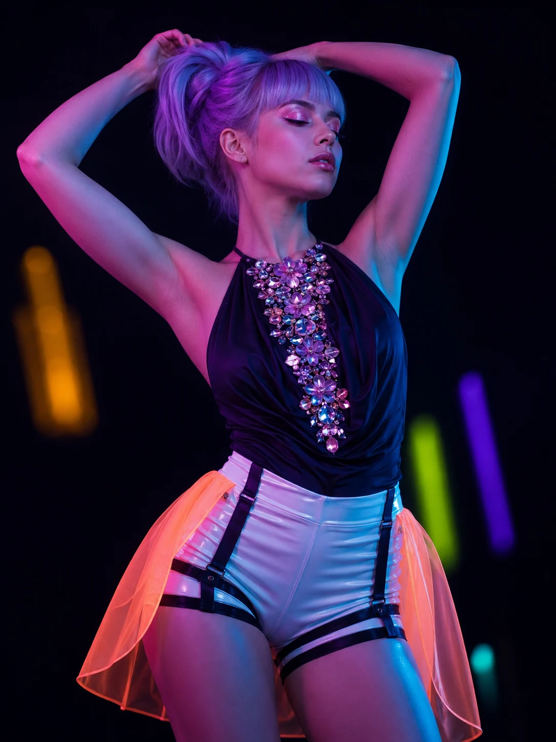 Woman with silver-lavender bangs poses with both arms overhead in a jeweled dark bodysuit under saturated magenta and cyan neon light.