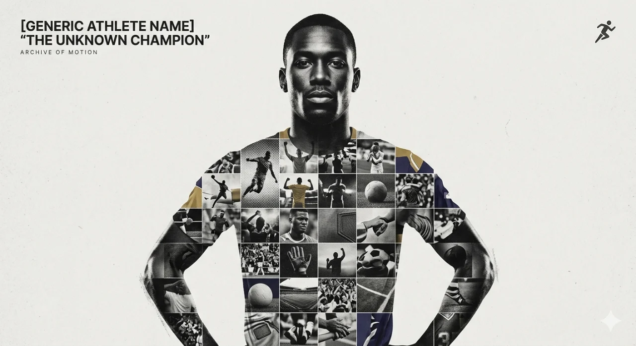 Sports poster with a front-facing athlete portrait and a grid collage of athletic motion images across the torso.