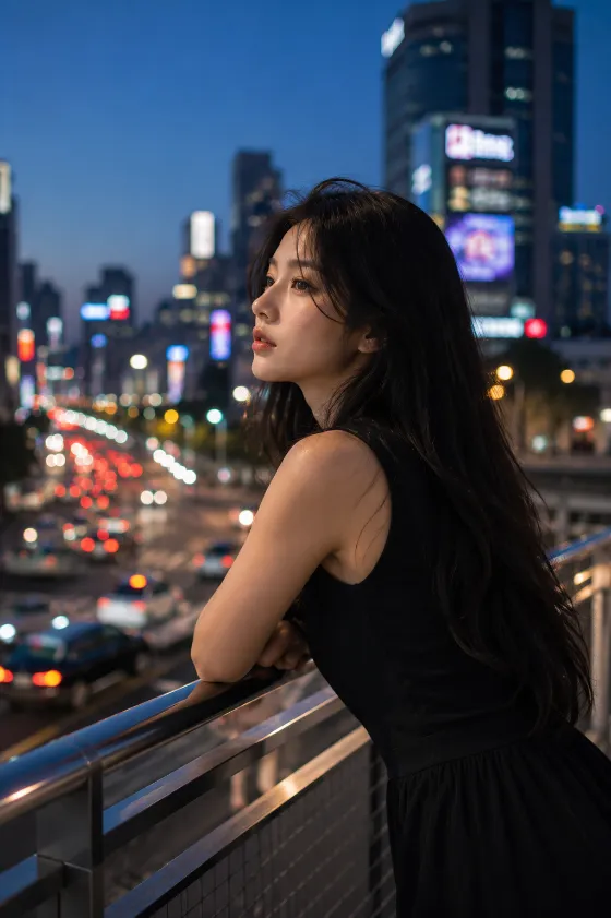 Fashion subject in black dress leaning on railing overlooking city street at blue hour with warm streetlights and colorful bokeh.