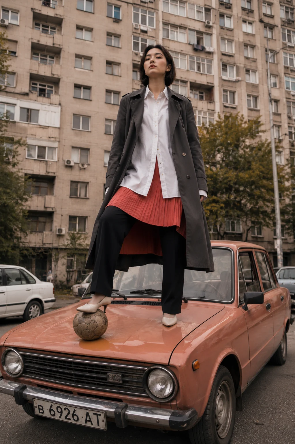 Fashion subject in trench coat and pumps standing on a vintage sedan in a residential cityscape.