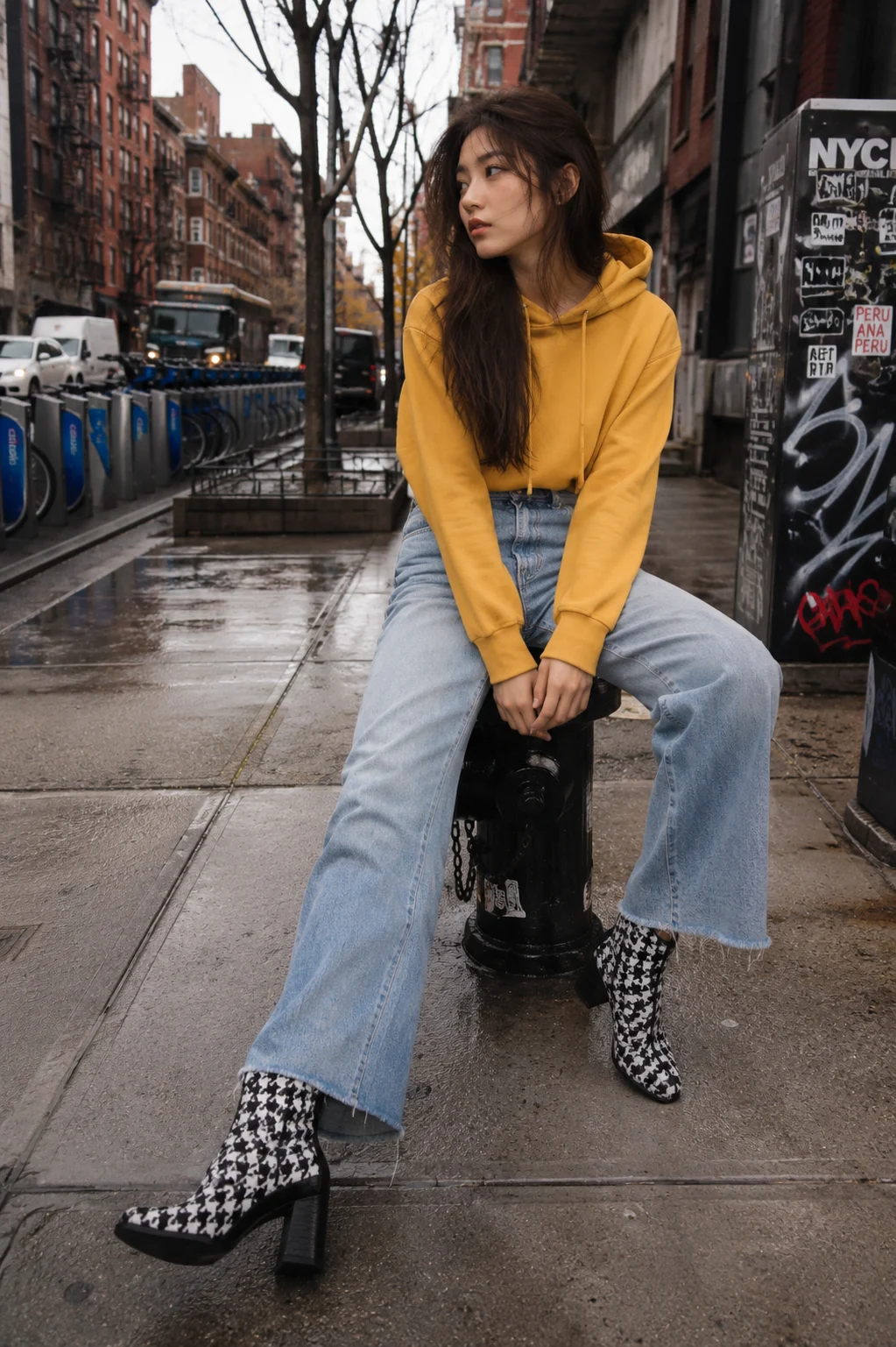 Editorial street portrait of a fashion subject in mustard hoodie and wide-leg jeans seated on a fire hydrant on a wet city sidewalk.