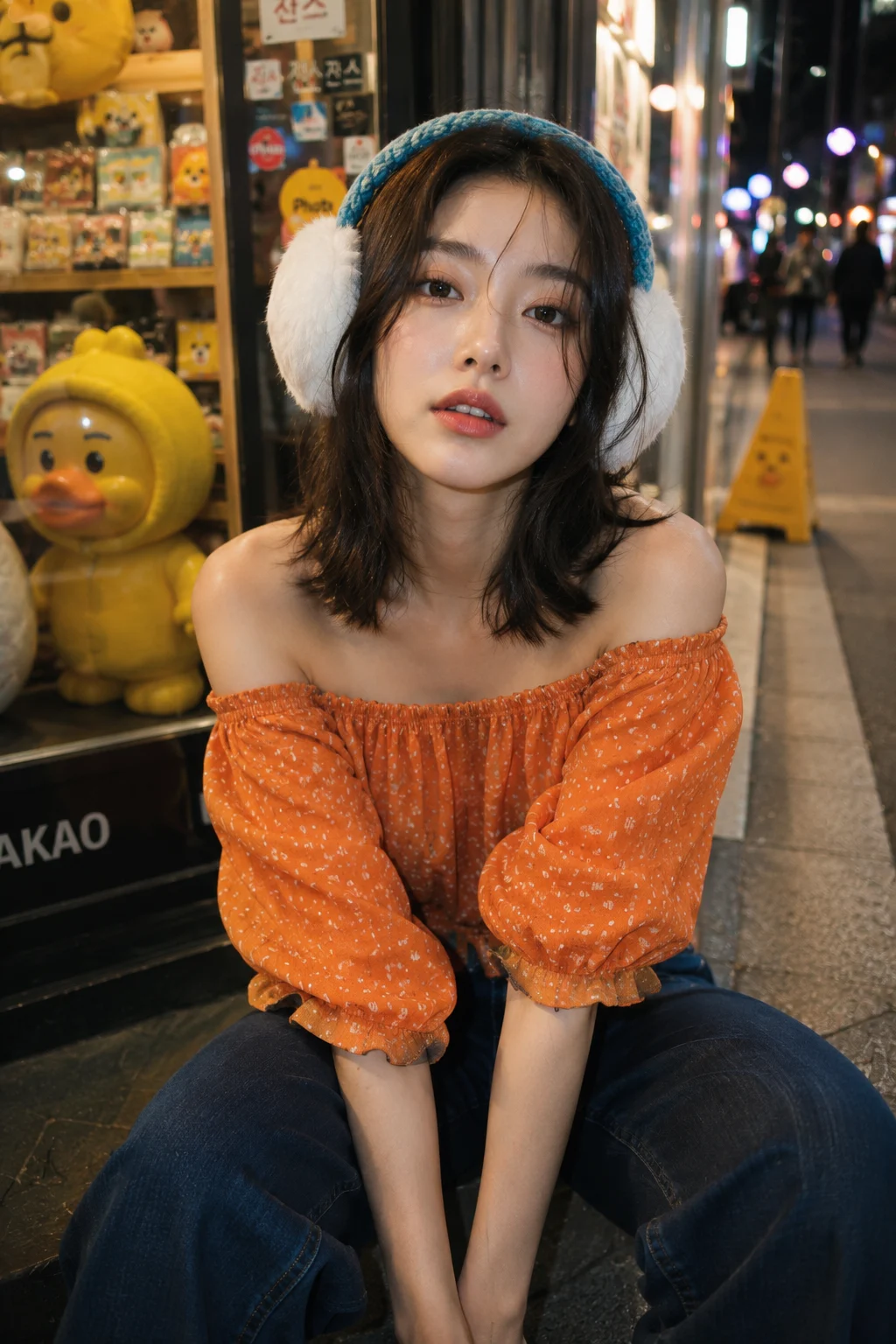 Woman looks over her shoulder at a waterfront railing at night, with city skyline lights behind her in a realistic low-light smartphone photo.