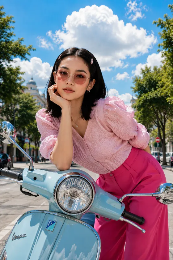 Fashion subject leaning on a pastel blue retro scooter beneath a bright blue sky on a tree-lined city street, wearing a pink blouse and fuchsia trousers.