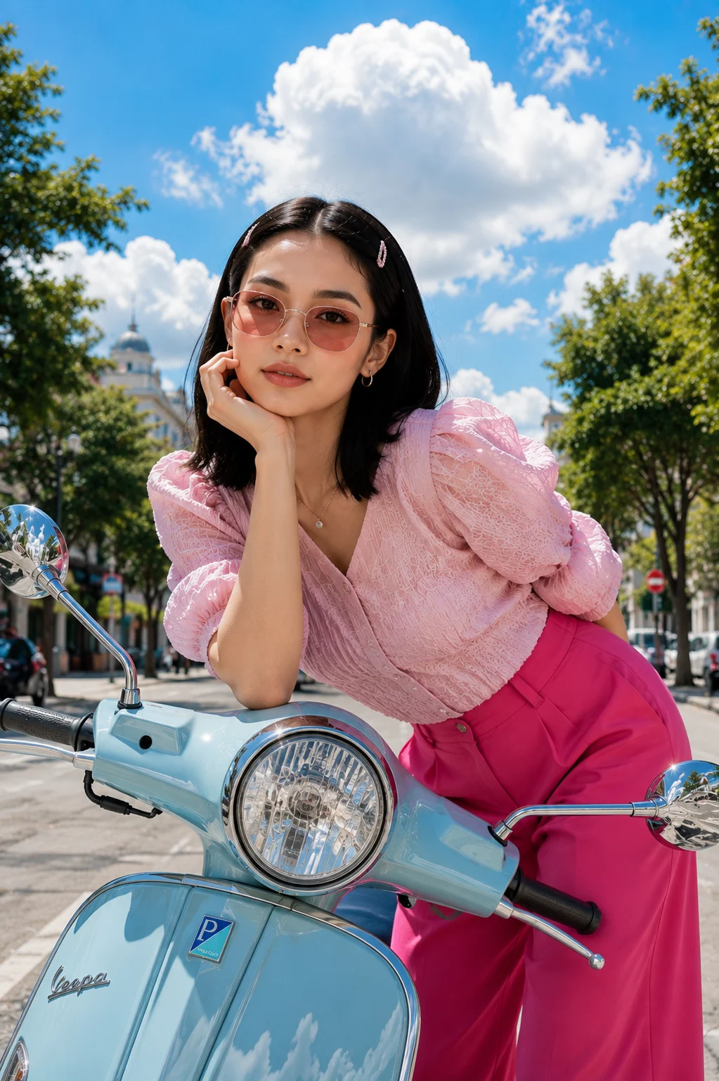 Fashion subject leaning on a pastel blue retro scooter beneath a bright blue sky on a tree-lined city street, wearing a pink blouse and fuchsia trousers.