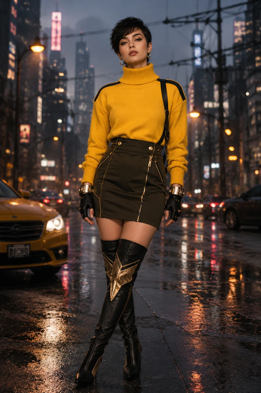 Vertical editorial fashion image of a stylish woman in a yellow knit top and dark mini skirt on a hazy urban street.