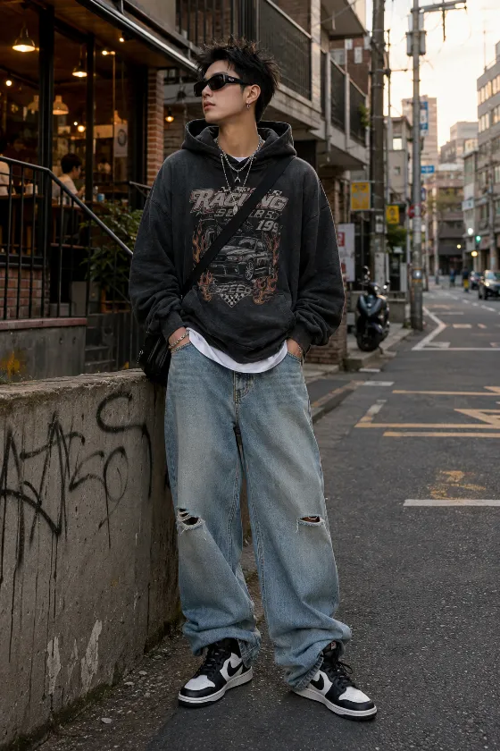 Fashion subject standing on a city sidewalk in an oversized black graphic hoodie, baggy blue jeans, sunglasses, and high-top sneakers