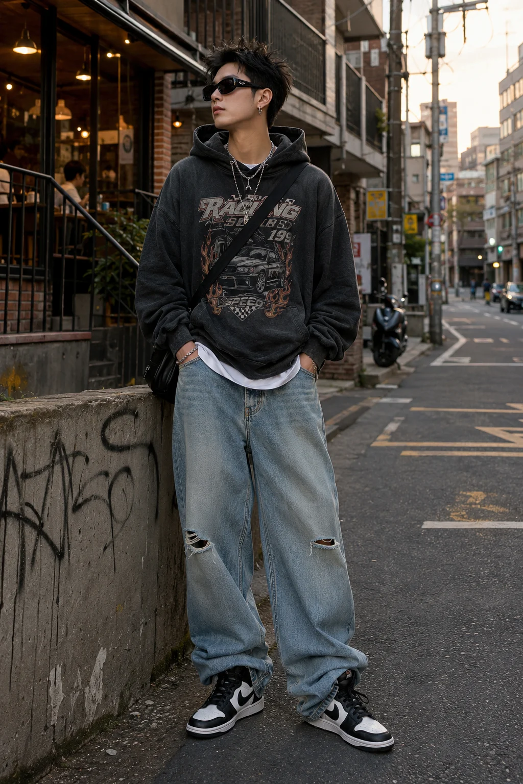 Fashion subject standing on a city sidewalk in an oversized black graphic hoodie, baggy blue jeans, sunglasses, and high-top sneakers