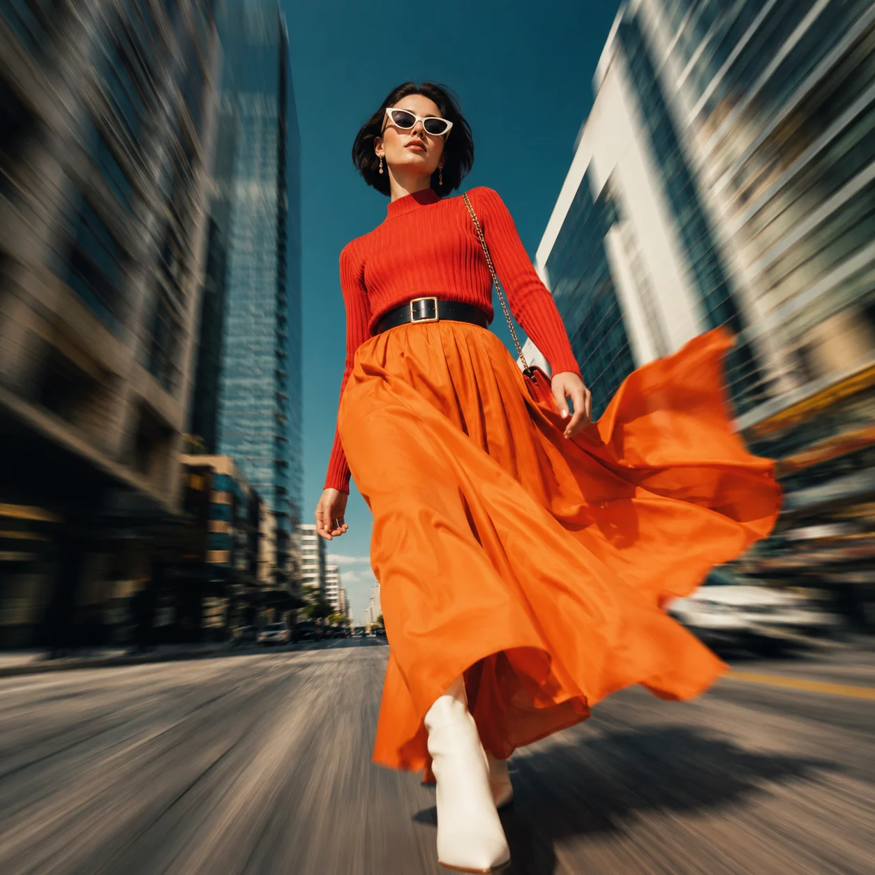 Square editorial fashion image of a young Southern European woman in orange styling walking through a blurred modern city.
