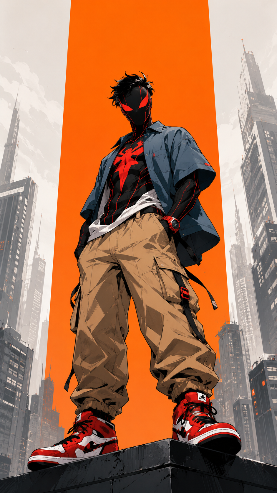 Stylized masked urban hero in streetwear standing in a low-angle pose against an orange panel and gray cityscape, designed as a vertical iPhone wallpaper.