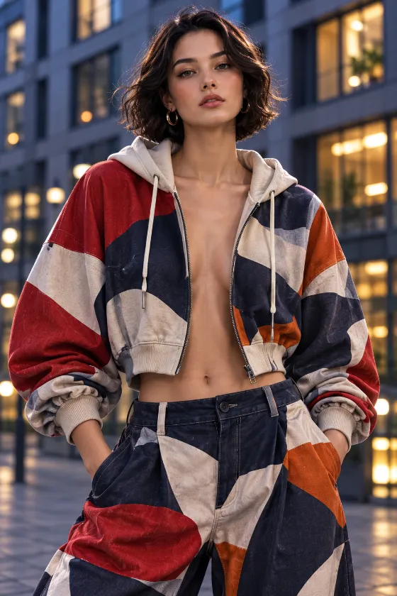 Vertical editorial fashion image of a young Baltic European woman in patterned streetwear with a bob hairstyle and warm urban bokeh.