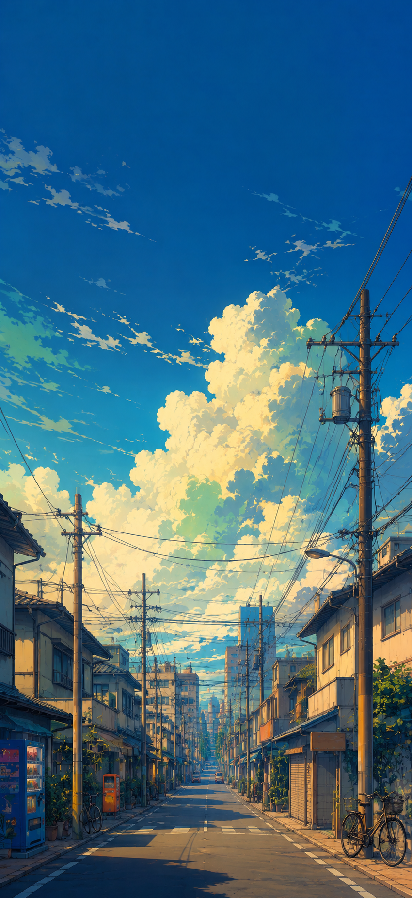Illustrated urban street beneath dramatic pale clouds and a deep blue sky with utility poles, overhead wires, storefronts, bicycles, and a distant warm horizon.