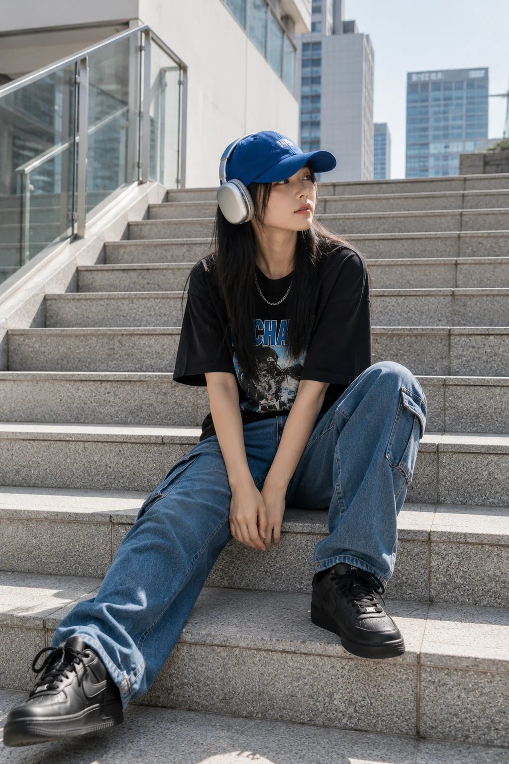 Editorial lifestyle portrait on modern city stairs with casual street fashion.
