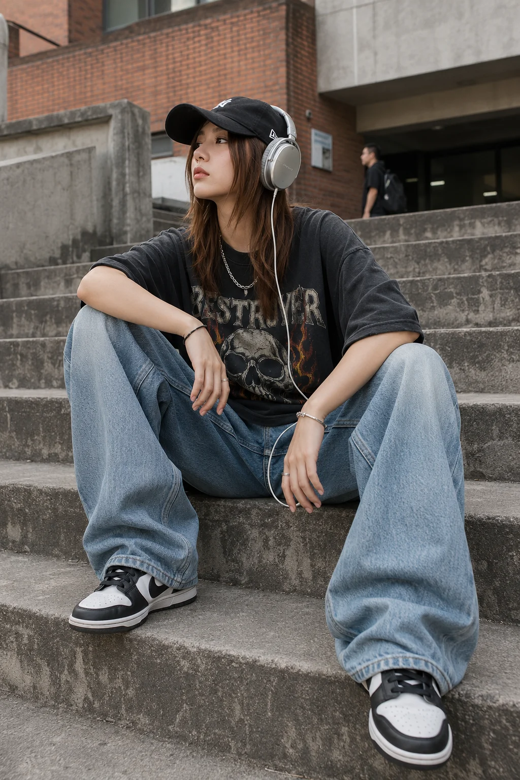Fashion subject seated on concrete steps in oversized black graphic T-shirt, wide blue jeans, black cap, silver headphones, and white sneakers