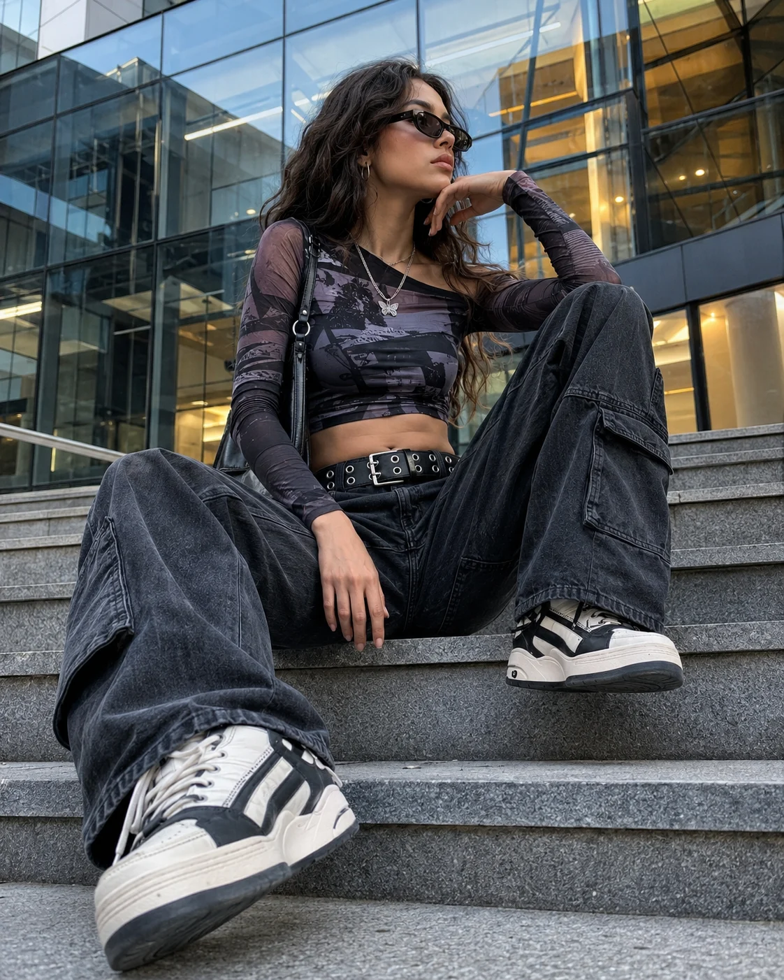 Low-angle street-fashion portrait of a woman in an abstract mesh top, oversized black cargo jeans, silver jewelry, sunglasses, and chunky sneakers.