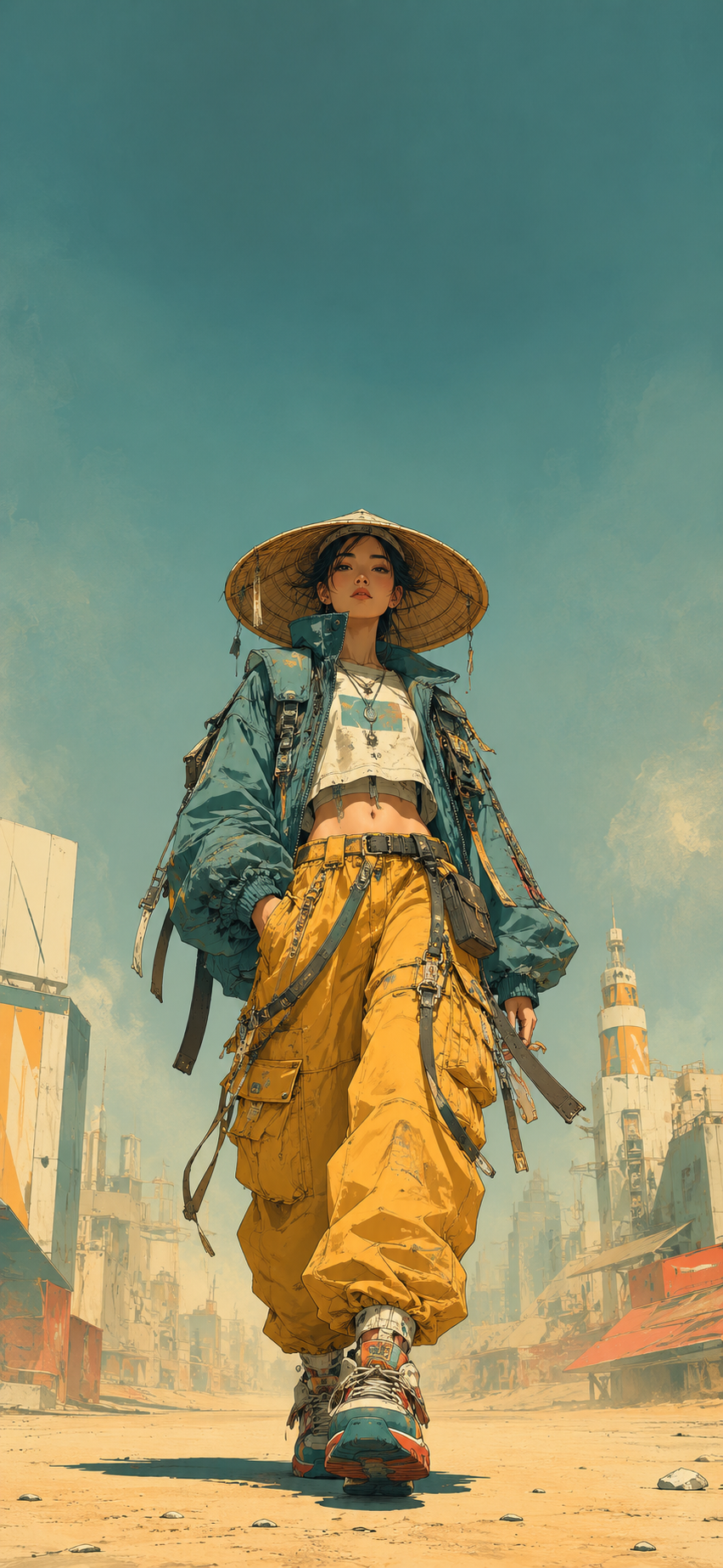 Stylized full-body urban wanderer in teal techwear and mustard cargo trousers beneath a woven conical hat on a soft teal city background.