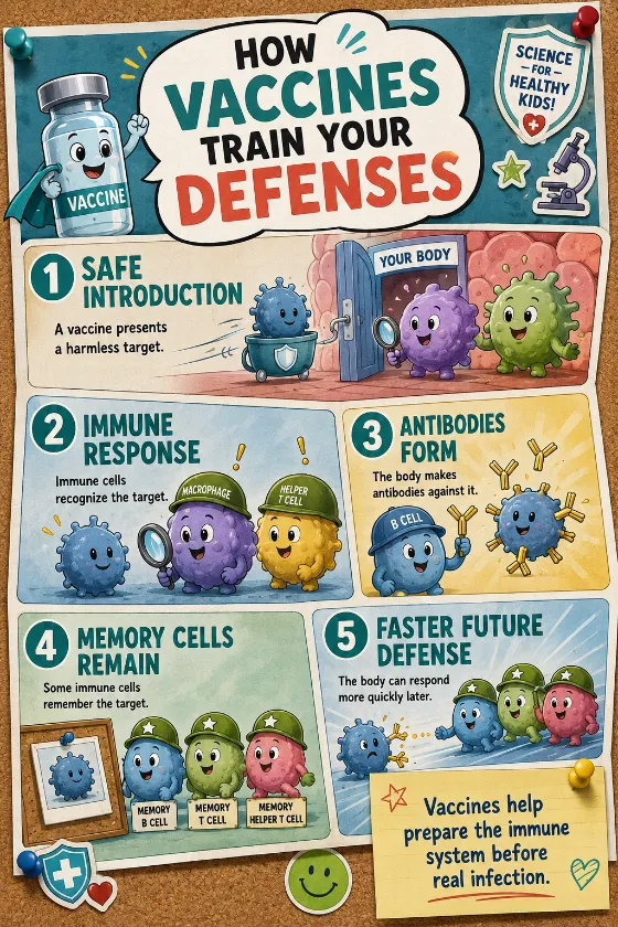 Educational vaccine comic with five colorful panels, friendly immune cells, antibodies, memory cells, simplified pathogen shapes, and a pinned classroom note.