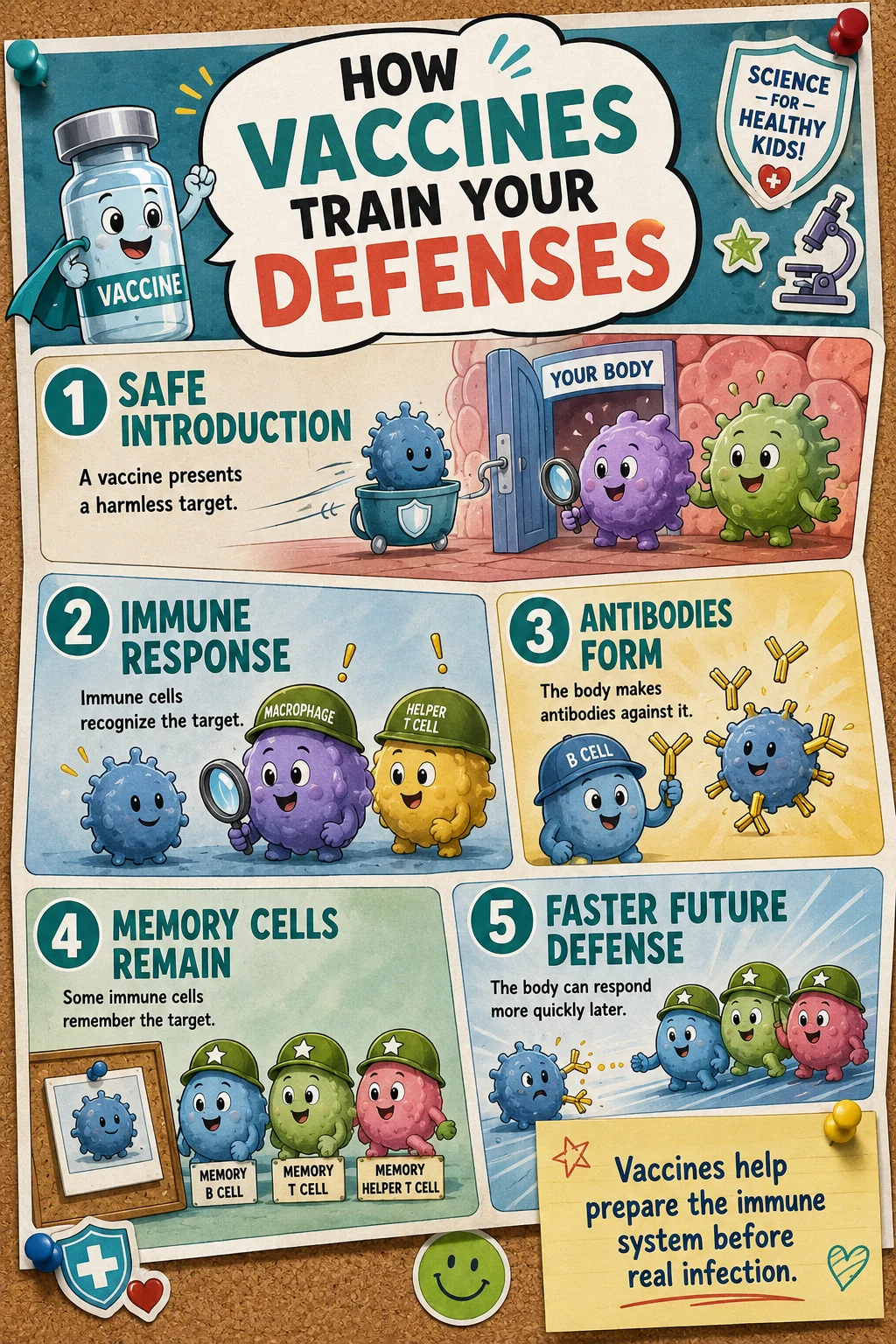 Educational vaccine comic with five colorful panels, friendly immune cells, antibodies, memory cells, simplified pathogen shapes, and a pinned classroom note.