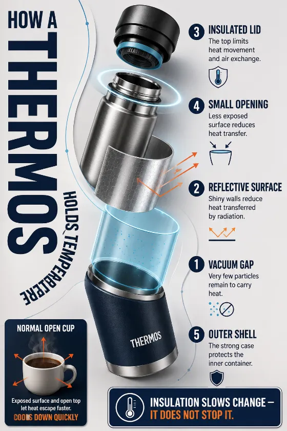 Three-dimensional vacuum flask cutaway with five floating layers, technical labels, warm heat accents, and a comparison cup cooling more quickly.