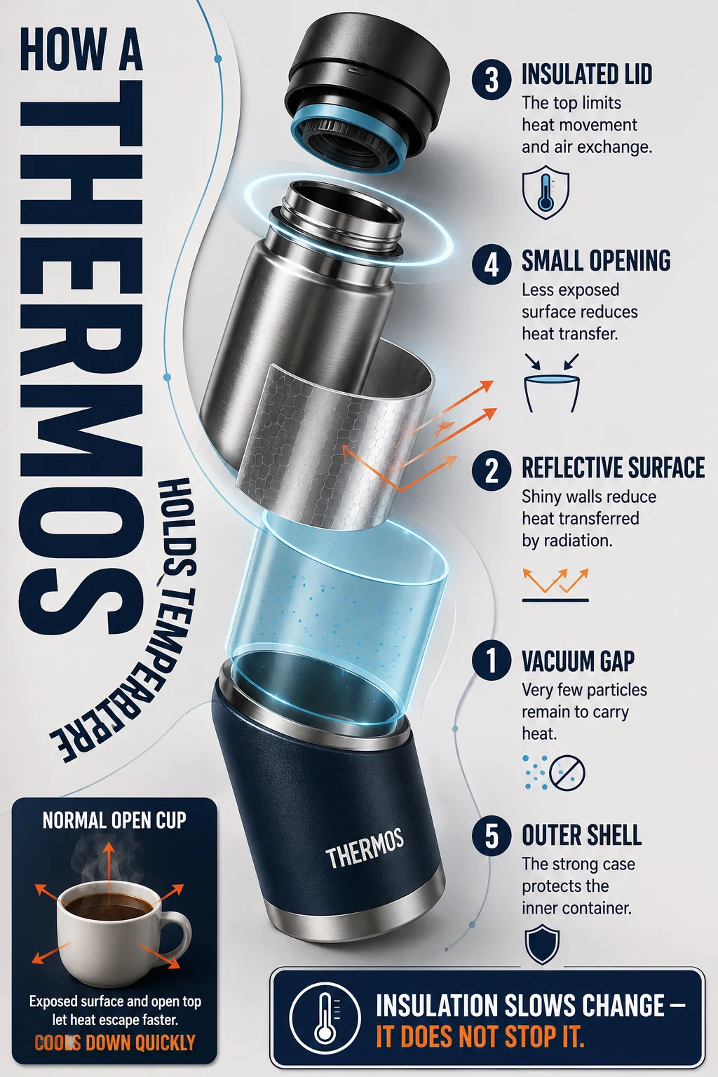 Three-dimensional vacuum flask cutaway with five floating layers, technical labels, warm heat accents, and a comparison cup cooling more quickly.