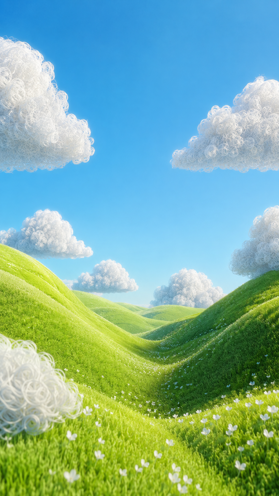 Vertical wallpaper of fuzzy bright-green hills beneath oversized curled white clouds in a clear blue sky.