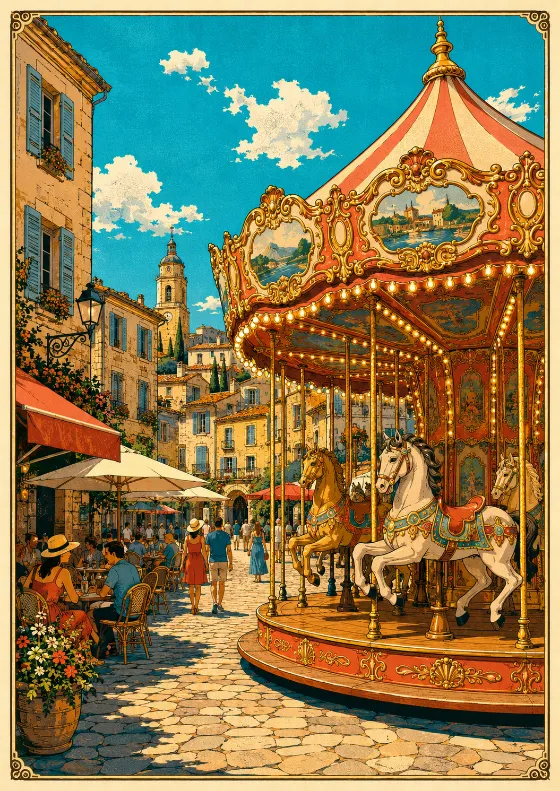 Cel-shaded travel poster illustration of an ornate carousel in a sunny European old-town cafÃ© plaza.