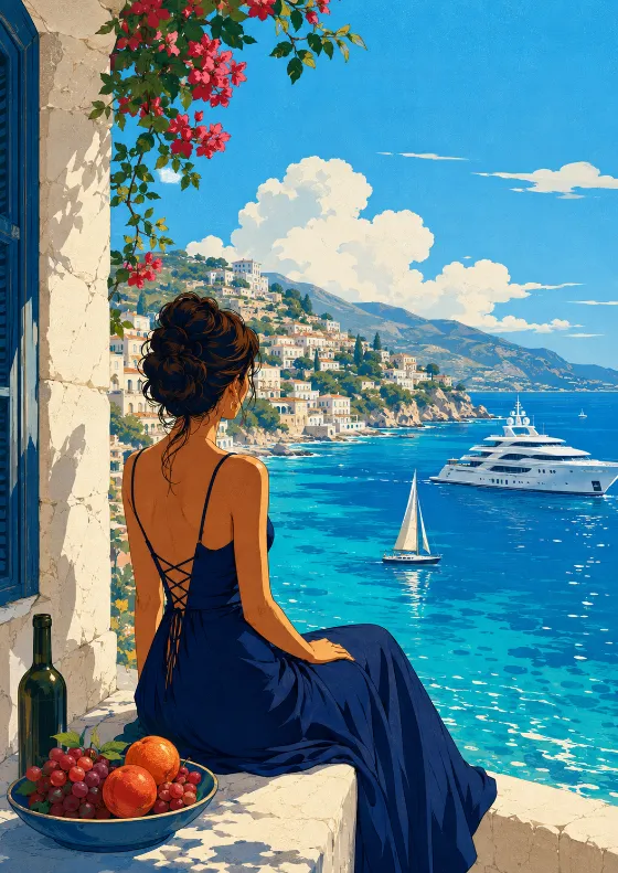 Cel-shaded Mediterranean travel poster illustration with a seated navy-dress figure, white stone ledge, turquoise bay, yacht, and sunny sky.