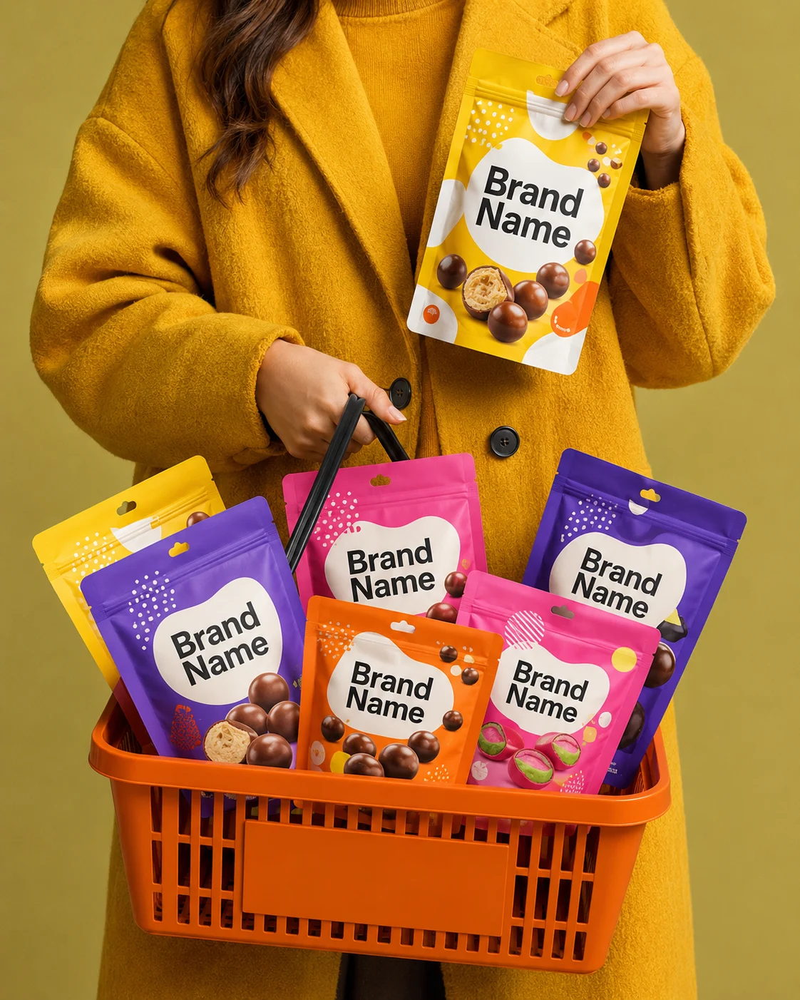 A model in a mustard-yellow coat holds an orange shopping basket filled with colorful snack pouches, one hero pouch lifted above, against a warm olive studio background.