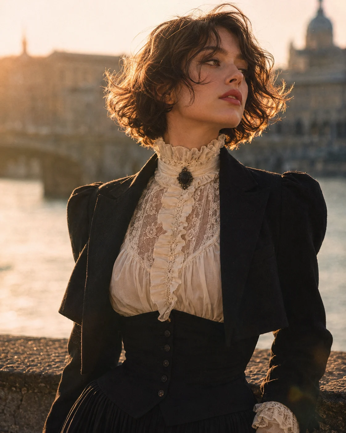 Romantic black and ivory Victorian-inspired fashion portrait with structured shoulders, lace ruffled blouse, cinched waist, and warm golden-hour waterfront background.