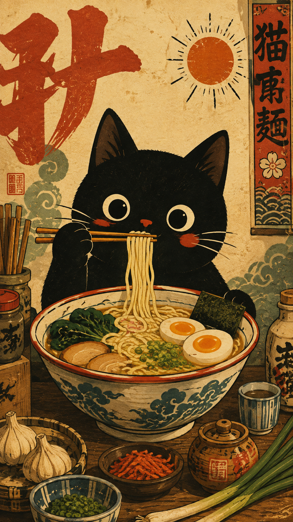 Black cat eating ramen with chopsticks in a vintage Japanese-inspired food illustration.