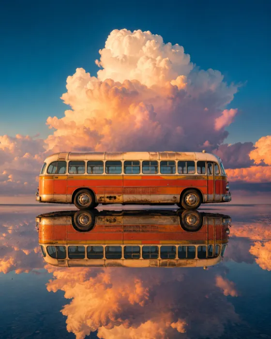 Fine-art landscape photograph of a vintage bus reflected in still water beneath dramatic clouds.