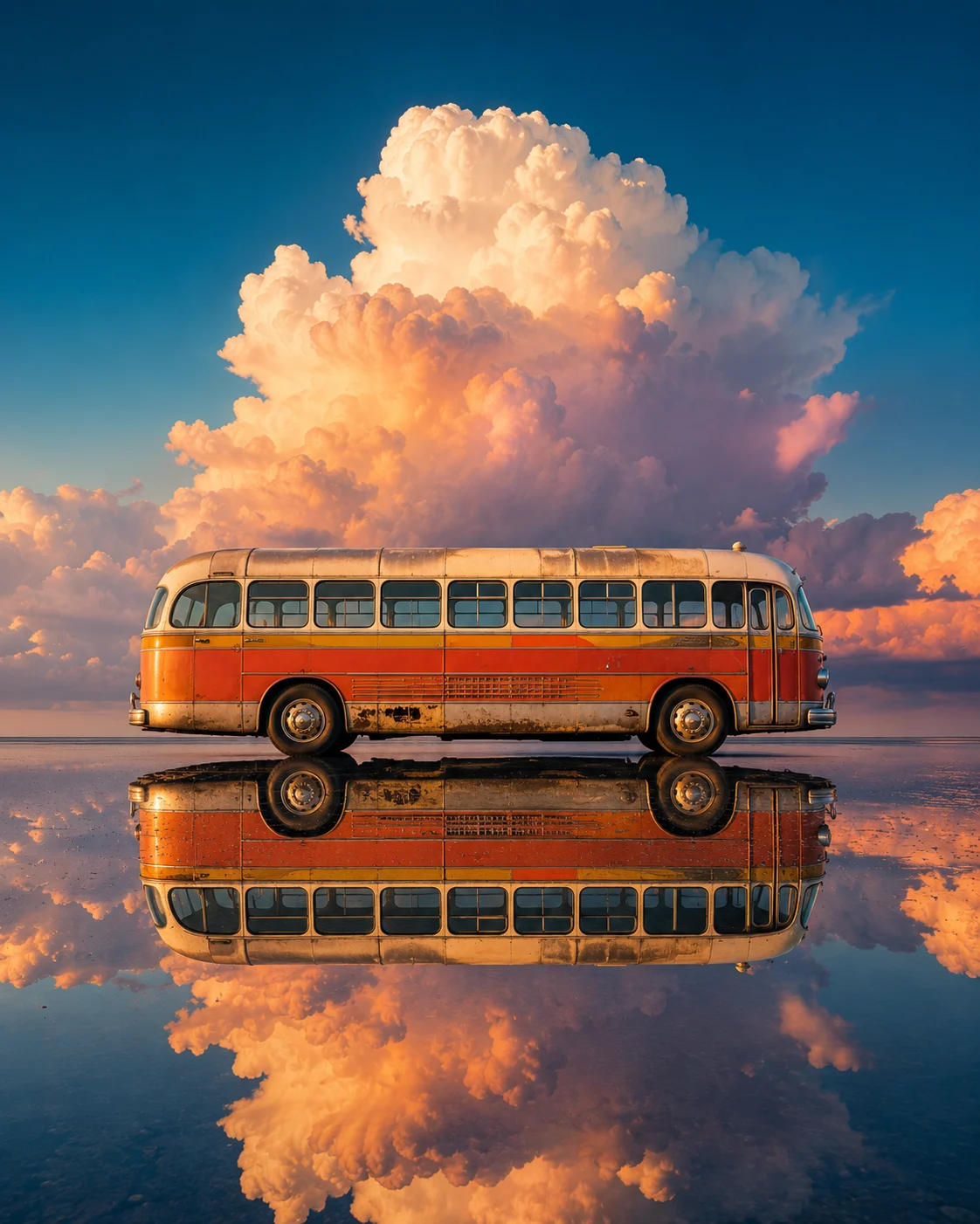 Fine-art landscape photograph of a vintage bus reflected in still water beneath dramatic clouds.