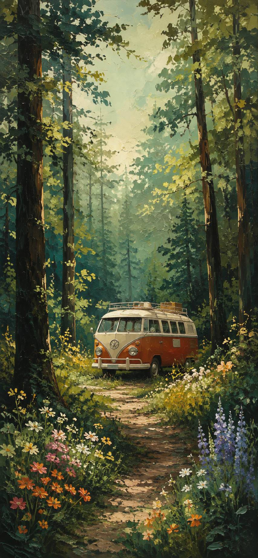 Painterly green forest with a cream-and-orange vintage camper van on a winding woodland path beneath tall trees.