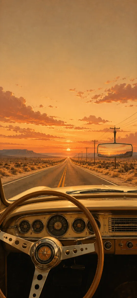 Retro illustration of a vintage car interior facing an empty desert highway and glowing orange sunset.