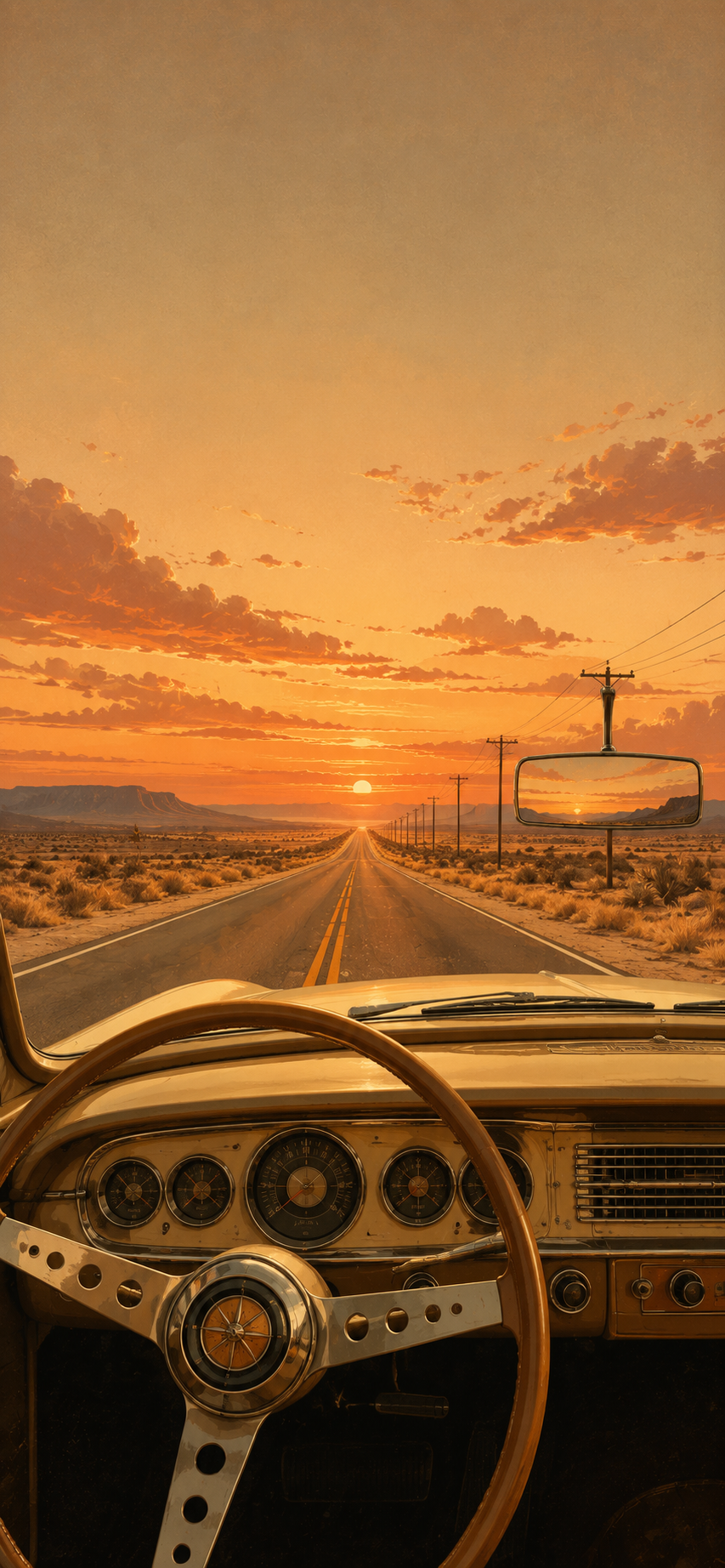 Retro illustration of a vintage car interior facing an empty desert highway and glowing orange sunset.