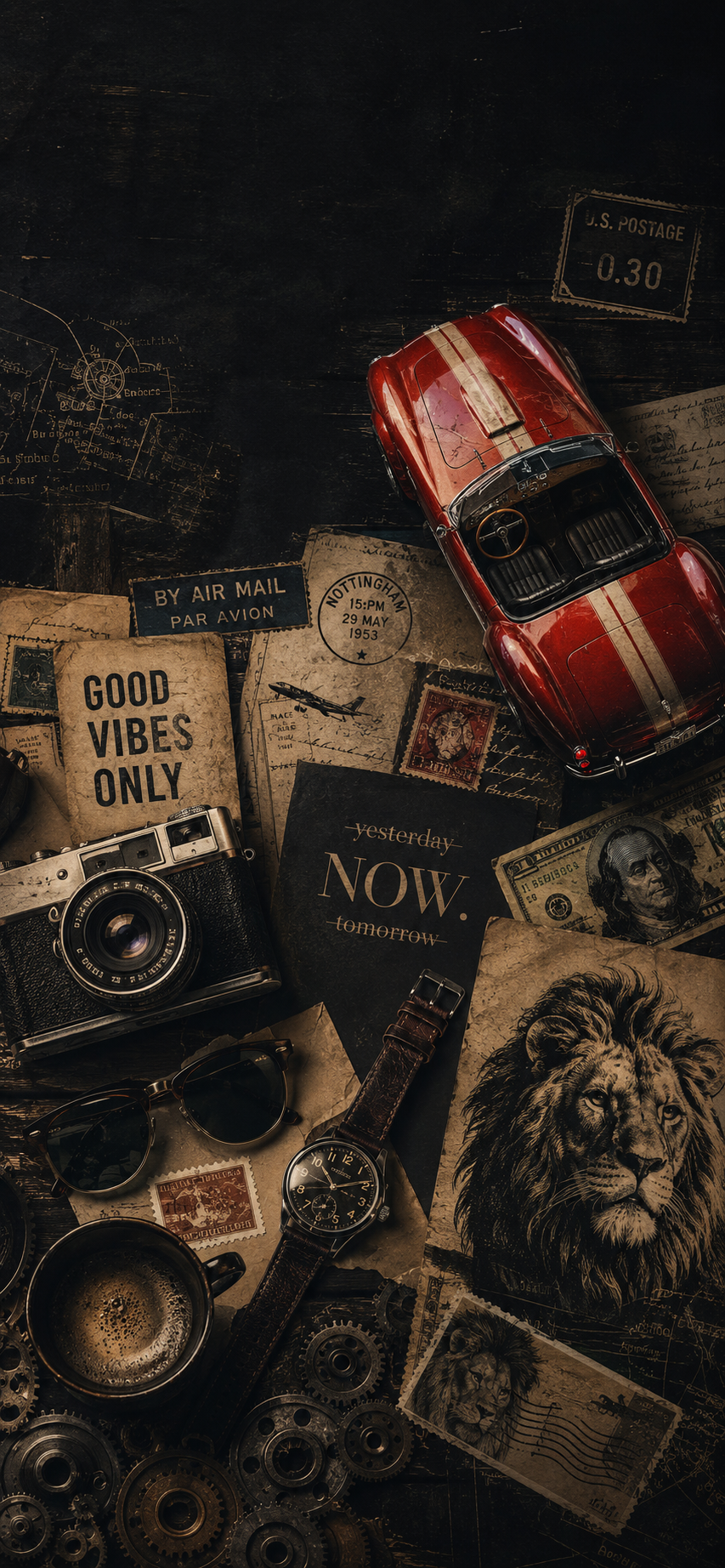 Dark phone lock screen artwork featuring a red classic convertible, lion illustrations, mechanical objects, air mail ephemera, and distressed archival textures.