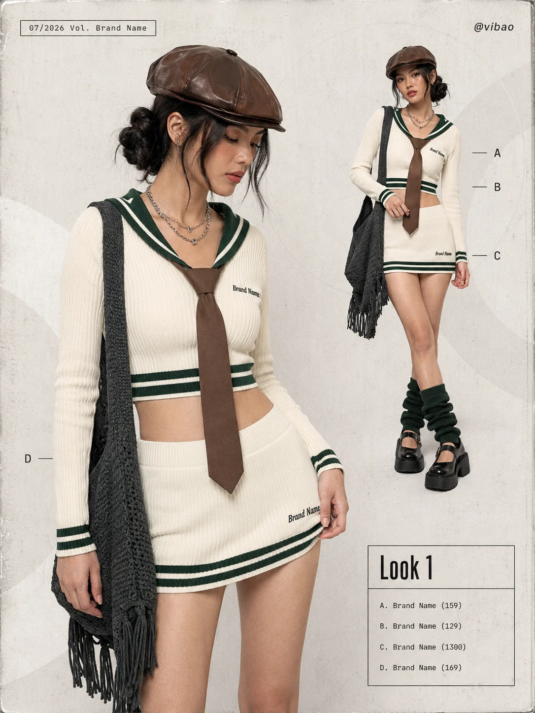 Vintage fashion lookbook with cream knitwear, green trim, brown cap, platform shoes and two editorial model views.