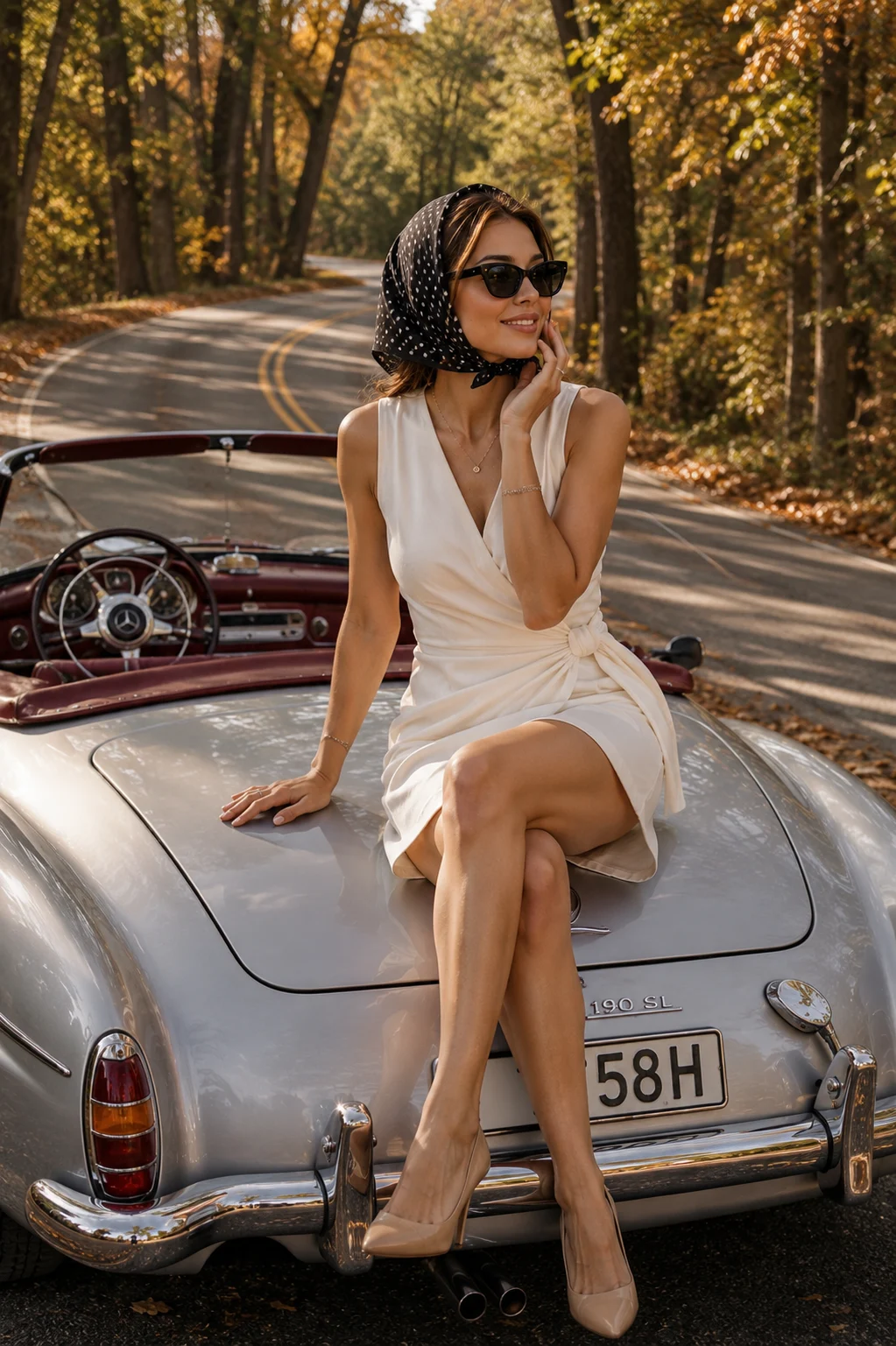 Fashion subject seated on a vintage silver convertible on a quiet autumn country road, wearing an ivory wrap dress, polka-dot headscarf, and cat-eye sunglasses.