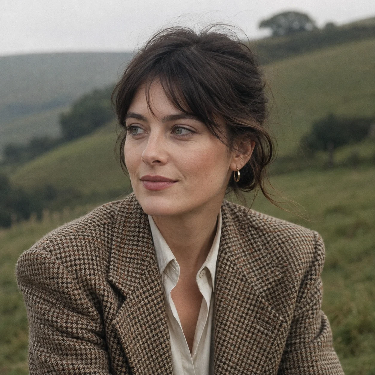 Vintage-style countryside portrait of one woman wearing a brown checked tweed blazer and pale blouse against softly blurred rolling hills.
