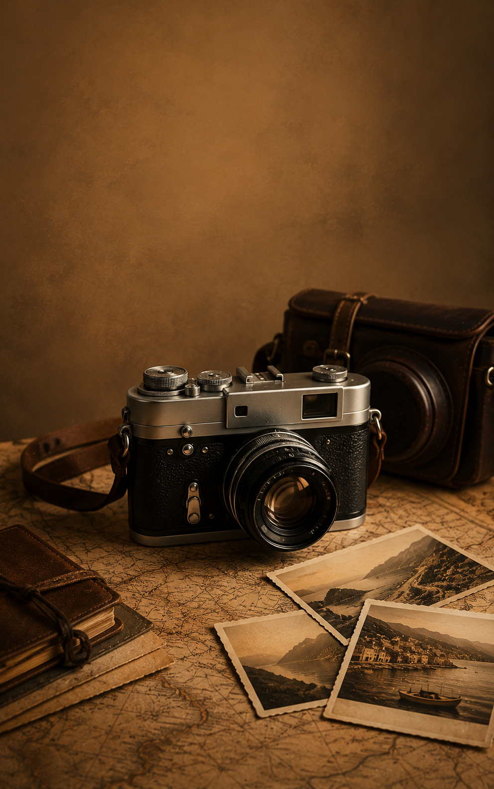 Vintage film camera with a large black lens on an aged map tabletop beside sepia travel postcards and a dark leather case.