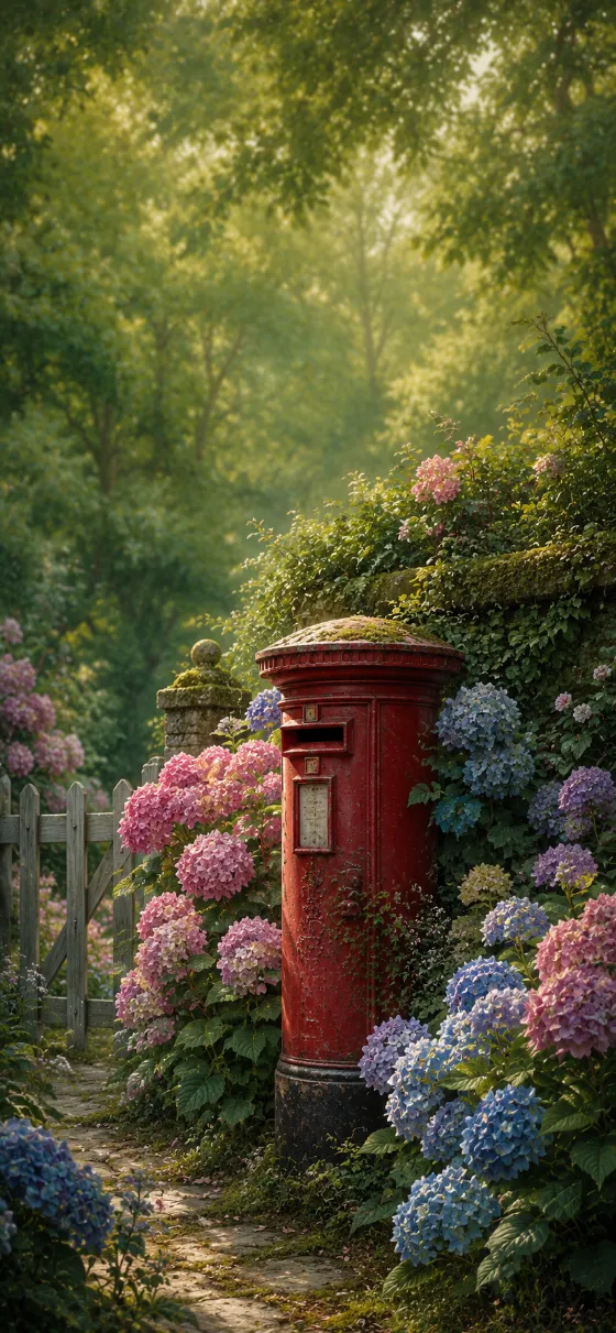 A vintage red pillar post box surrounded by colorful hydrangeas in a lush painterly garden.